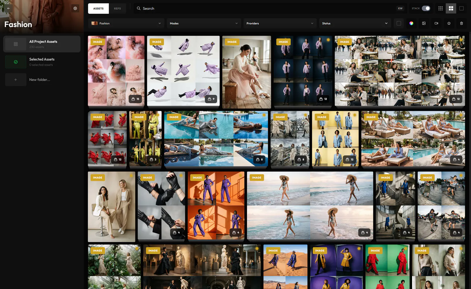 A Hylope project gallery with related generations grouped into stacks, above search and filters