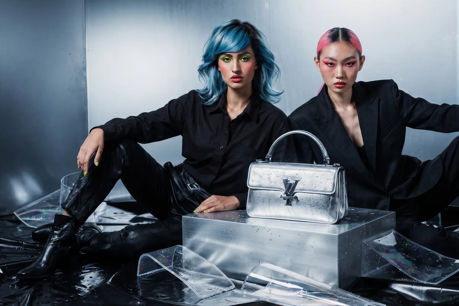 Edited fashion campaign with two models and a silver handbag