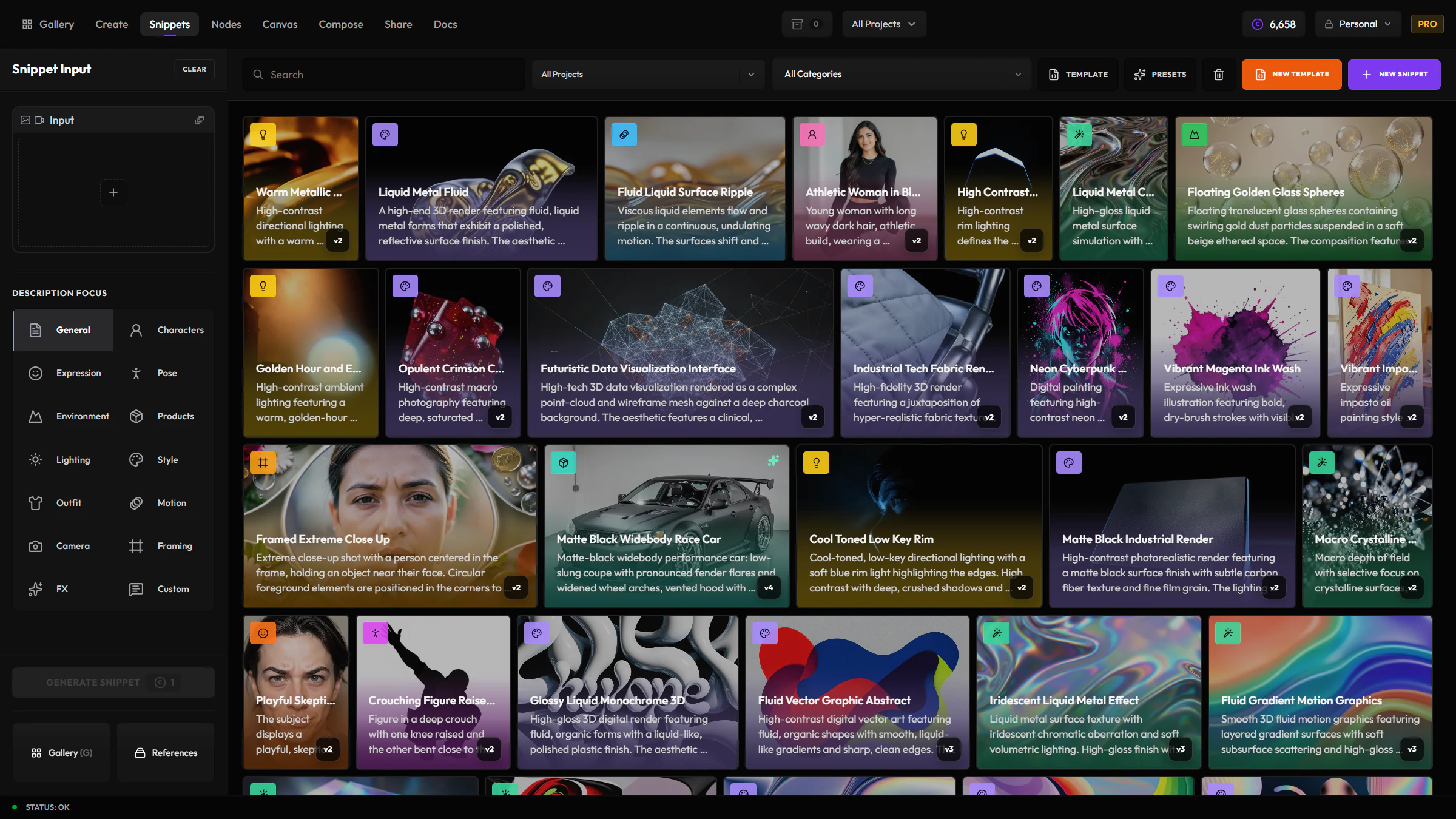 The Snippets app interface